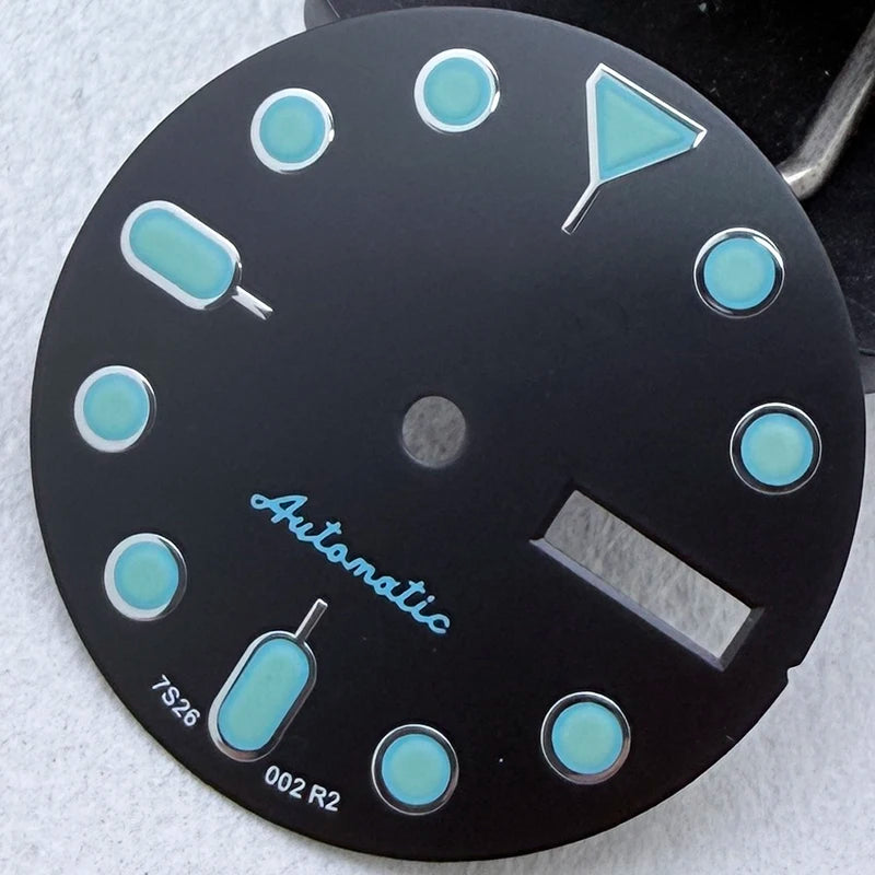28.5mm S Logo Dial Dual Calendar SKX Watch Dial Gteen Luminous Fit NH36/4R36