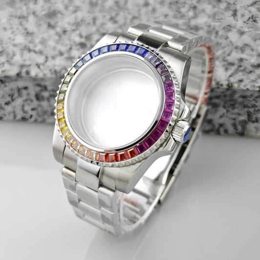 40.5mm Watch Case Strap Set SUB Diamond Studded Rainbow Bezel for NH35 Movement