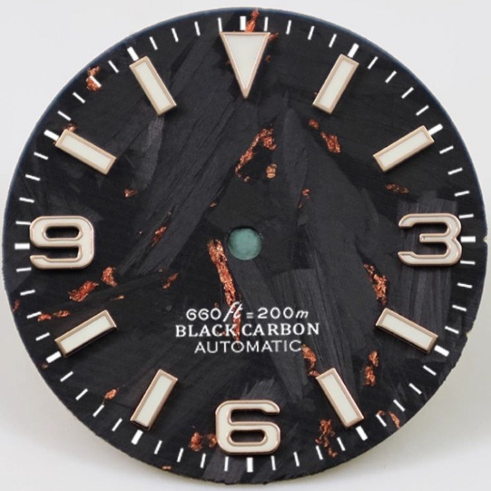 Rose gold and black 28.5mm Explorer-style carbon fiber watch dial for NH34 NH35 movements.