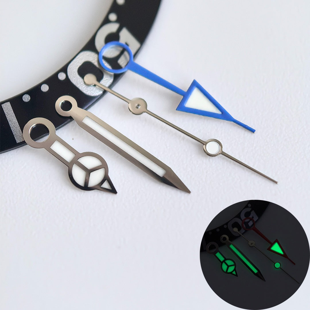 Green lume blue GMT watch hand with silver trim for NH34 movement, perfect for precise timekeeping.