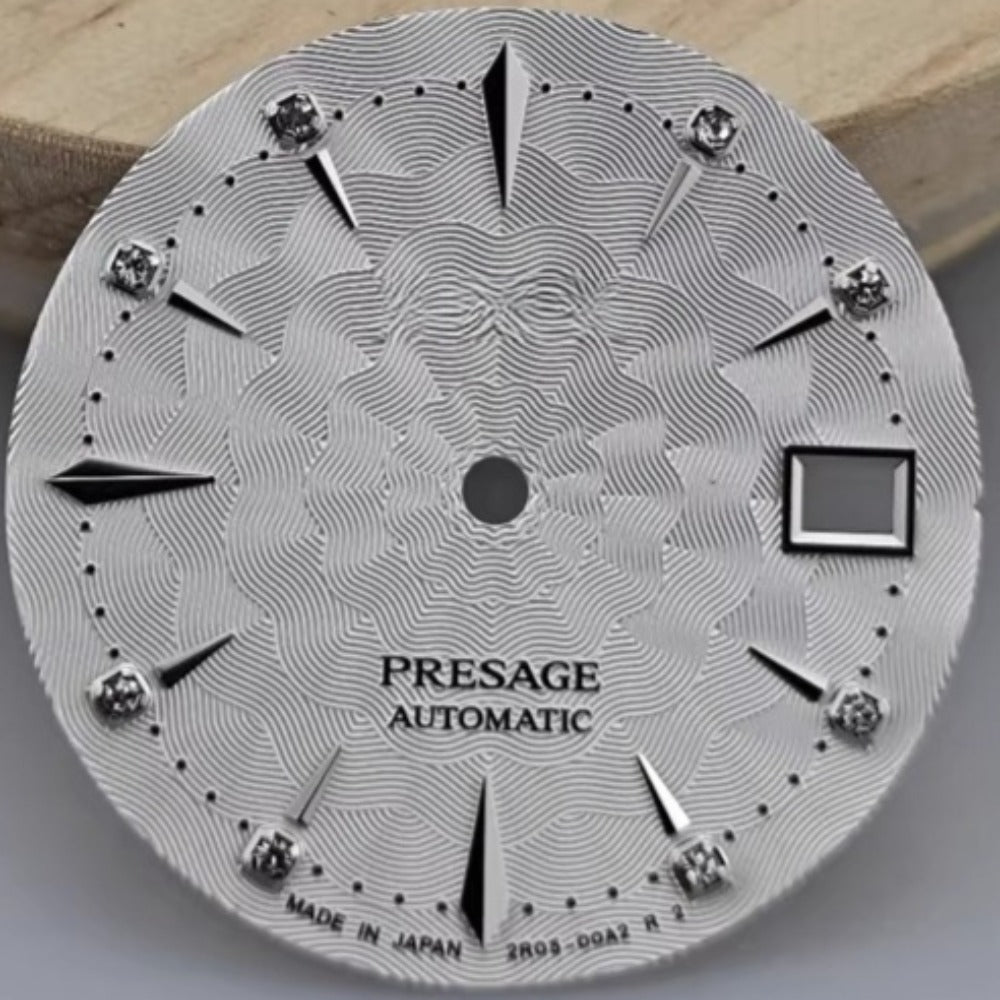 29mm white floral watch dial for NH35 NH36 automatic, featuring elegant pattern and branded logo.
