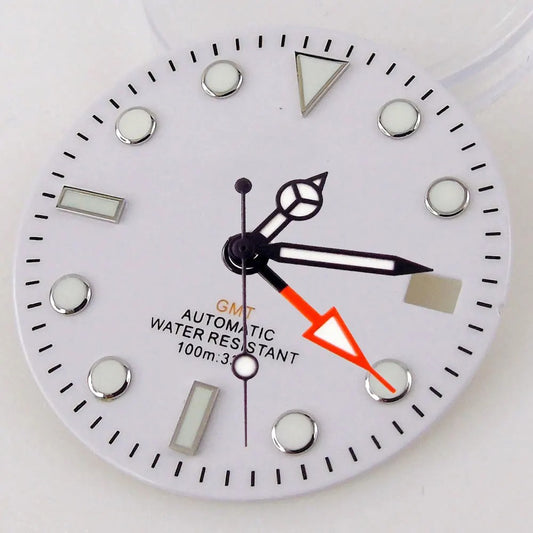 Nologo Sterile 29mm white NH34A watch dial for diver GMT mod, black edge markers, orange hands.