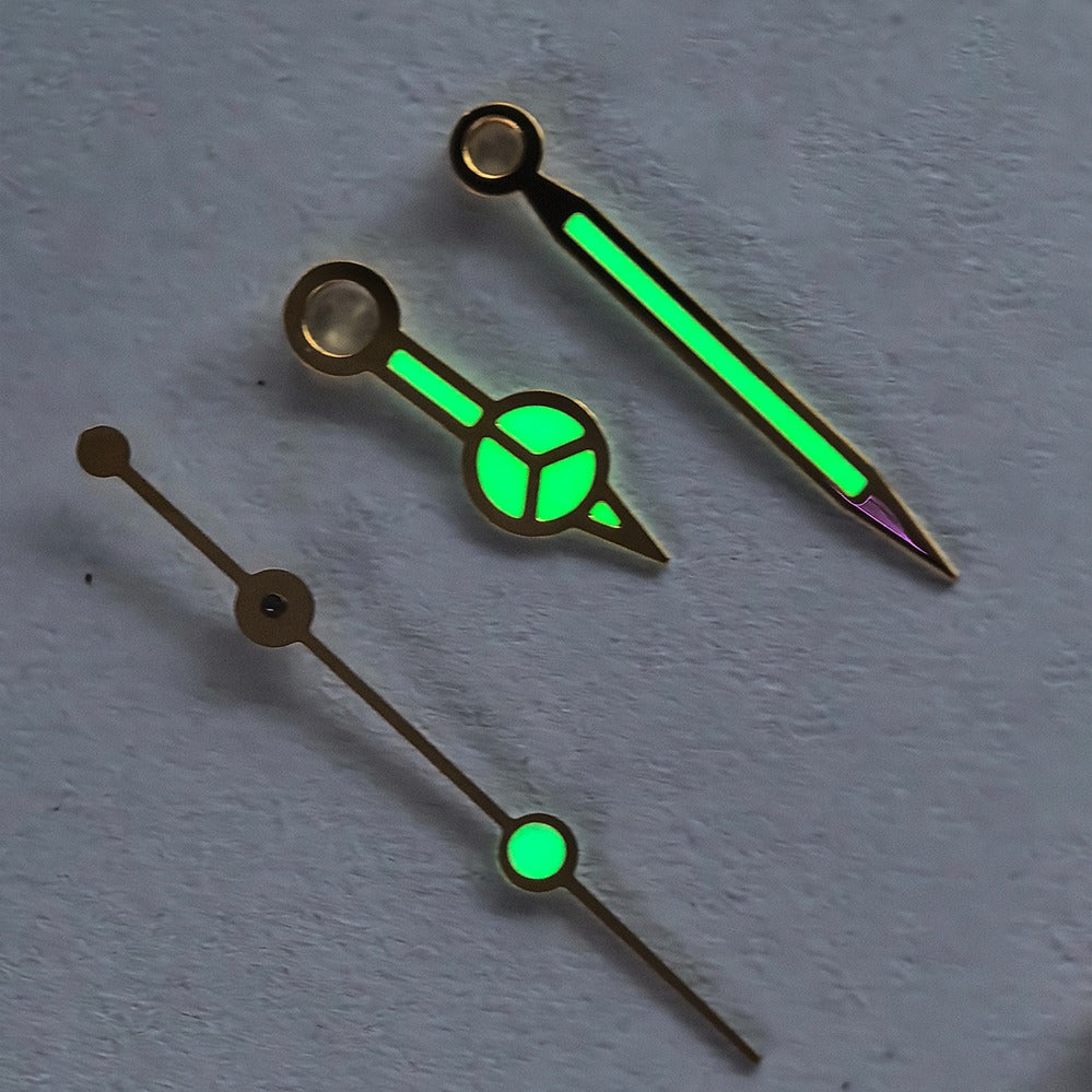 Aiguilles de montre vintage GoldenTrim bleu/vert luminescentes modifiées de 12,5 mm pour mouvement 3135