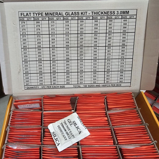 Set of 160 flat round watch glass crystals, 3.0mm thick, 24.1-40mm size for watch repair and replacement.