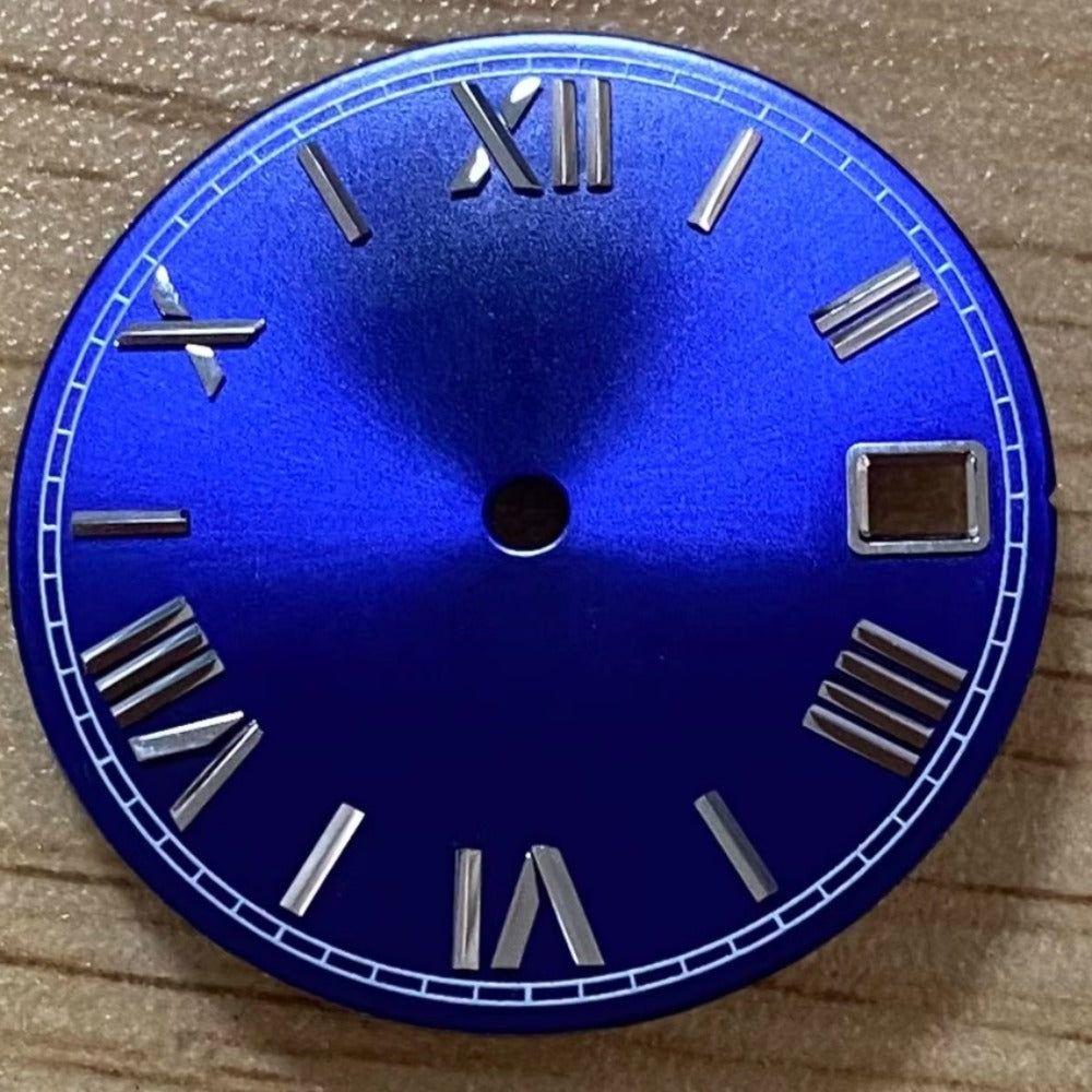 Blue 28.5mm Roman Font Watch Dial For NH35 Movement No Lume Silver Nail