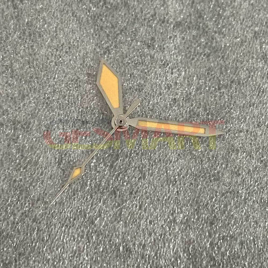 Vintage diamond-shaped orange and green lume watch hands with silver trim for NH35/NH36 movements.