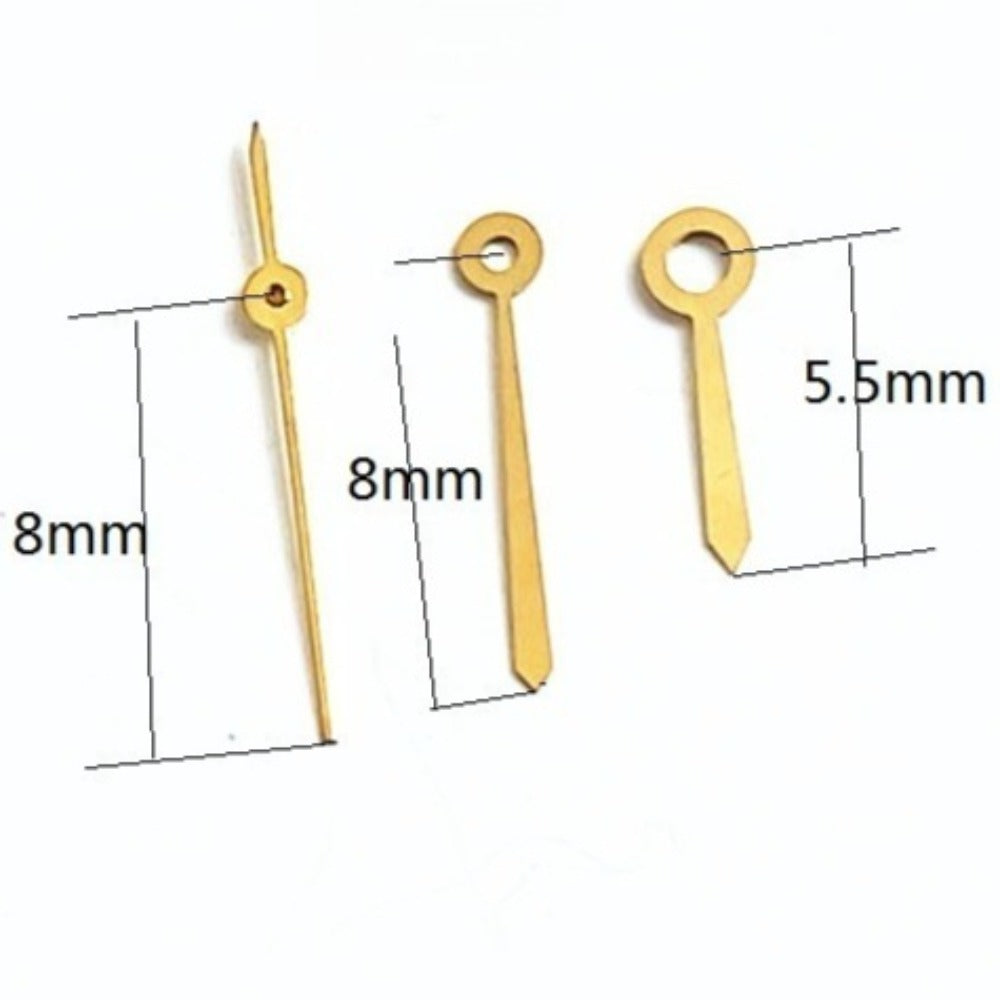 Golden 8x8x5.5mm watch hands for Ronda 785 movement, precise accessory.