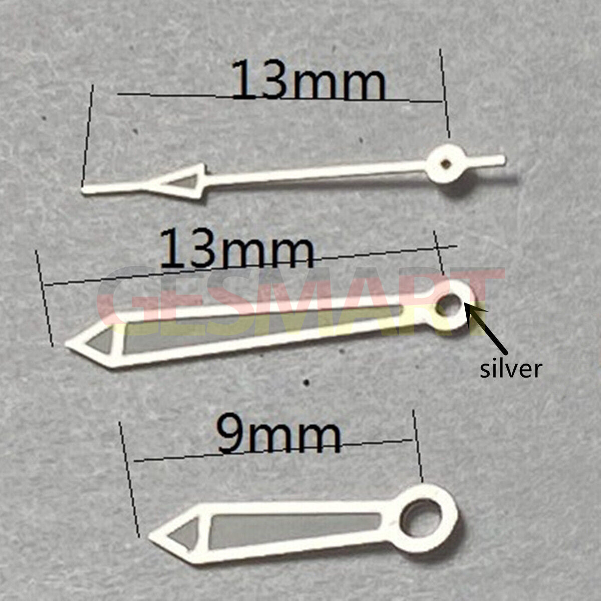Green lume silver-trimmed 13mm watch hands compatible with Miyota 2315, 2035, 2036, 2115, 2305 movements.