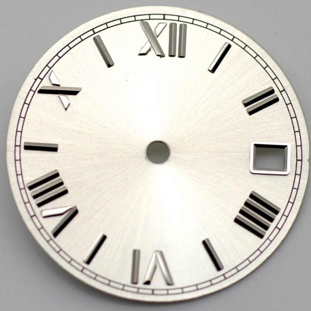 White 28.5mm Roman Font Watch Dial For NH35 Movement No Lume Silver Nail
