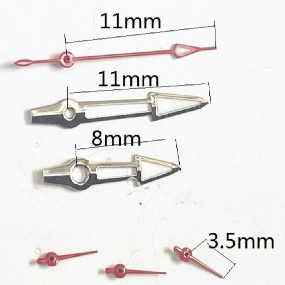 11mm silver watch hands with red trim, hollow design for Miyota OS10 OS20 OS30 movements.