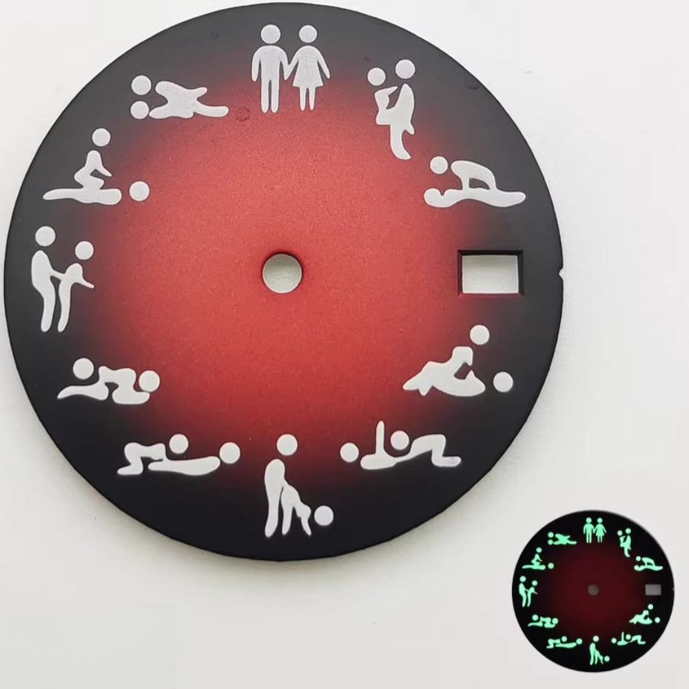 Gradual red 28.5mm watch dial with green lume, designed for NH35 NH36 movements, enhancing visibility and style.