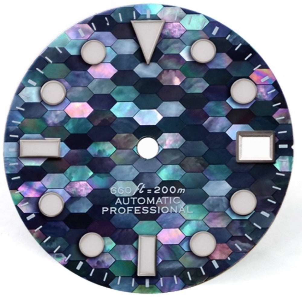 Blue luminous watch dial with natural seashell texture, 28.5mm for NH35 movement by No Logo.