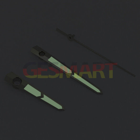 Green luminous watch hands with silver trim, compatible with Asian 8215/2813 and Miyota 8N24 movements, for precise timekeeping.