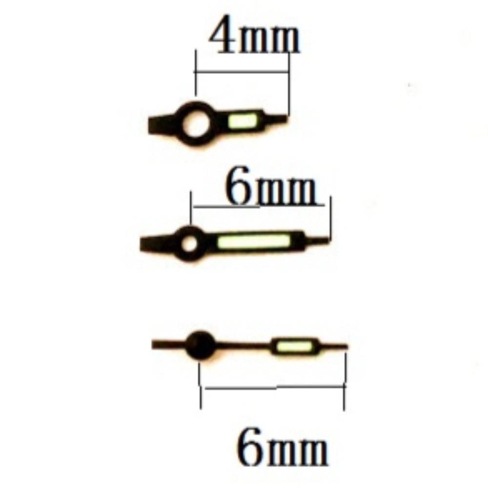 Black trim green lume watch hands designed for Miyota 2035 quartz movement, enhancing visibility.