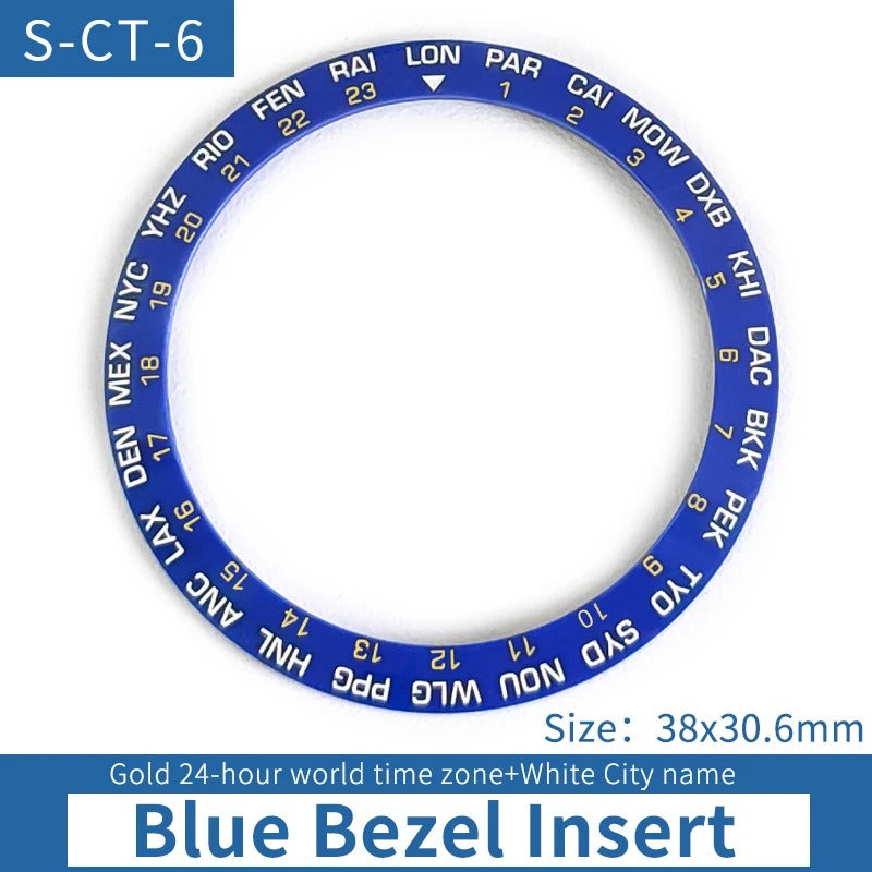Golden Font 24 Hours Blue Sloped Ceramic Watch Bezel For Skx007 Srpd World City