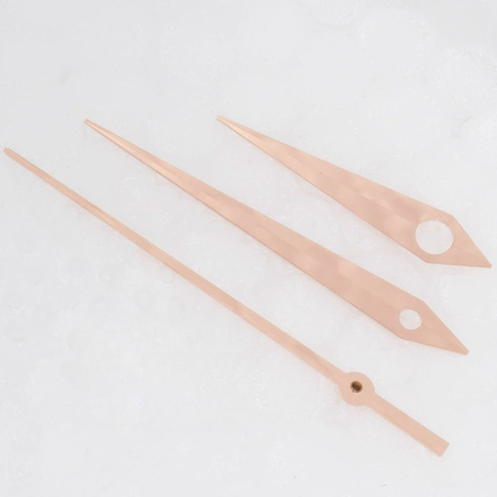 Rose golden arrow-shaped watch hands, compatible with ETA2824 movement, elegant accessory.