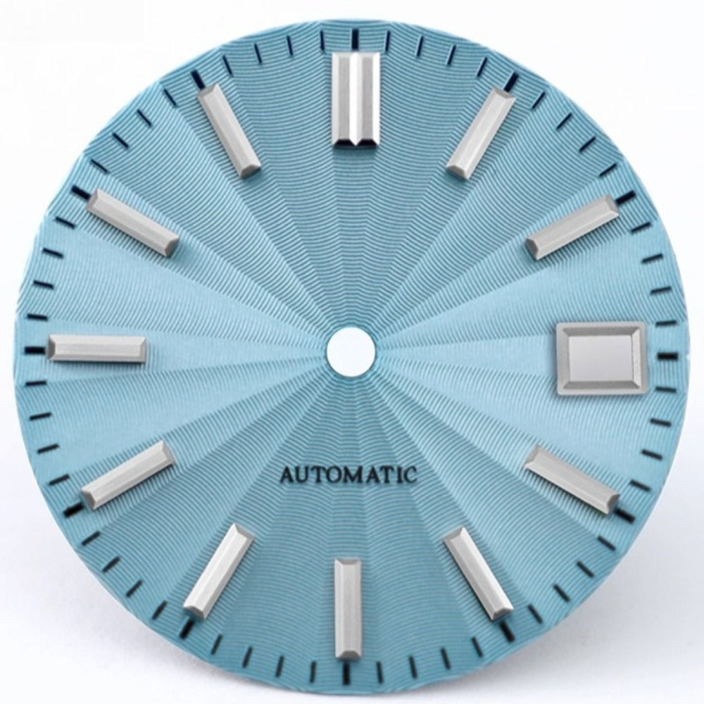 Light Blue 28.5mm Microgroove watch dial for NH35 NH36 NH38 movements, perfect for custom Seiko mods.