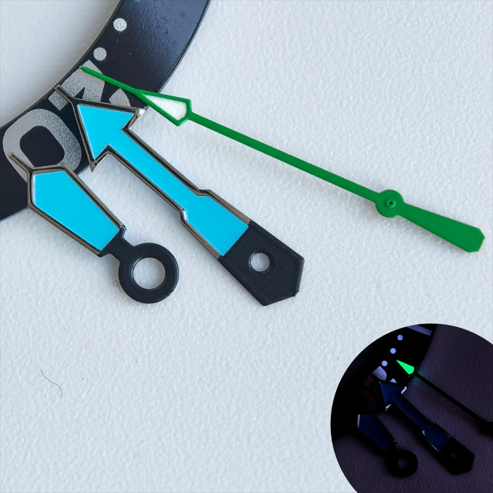 Dark silver trim blue and green lume watch hands for NH35/36, enhancing visibility and style.