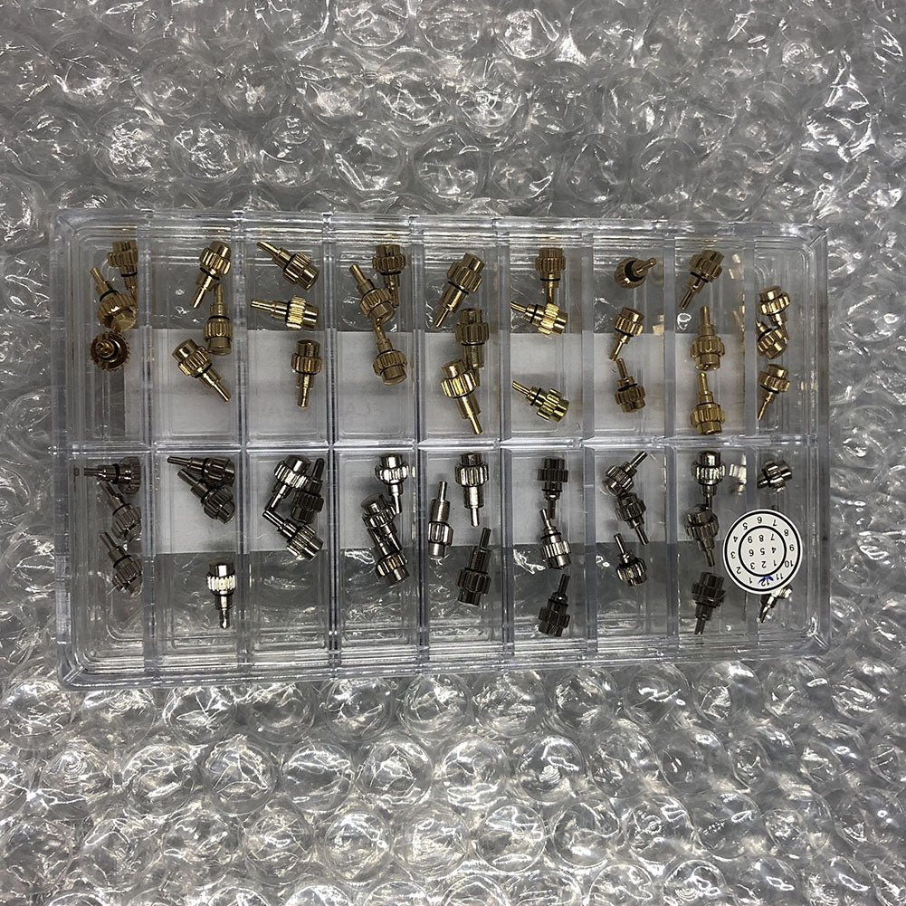 AB-619PCF watch crown chronograph button set, 54PCS flat head pushers for watch repair.