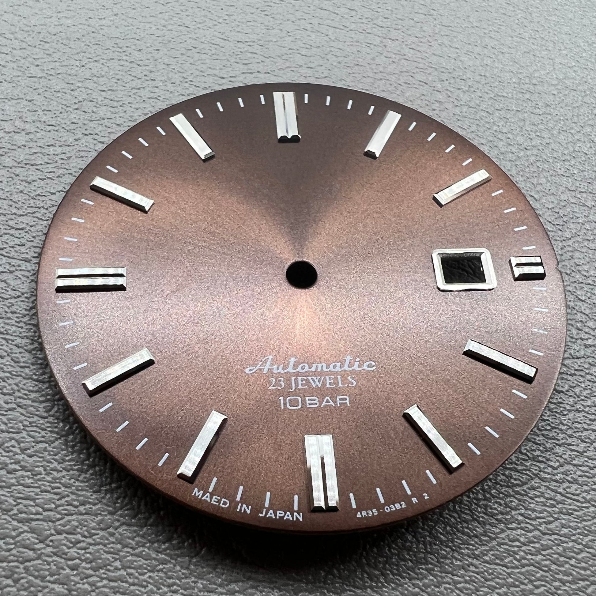 Silver nail-style markers on modified brown 34mm watch dial, compatible with NH35 NH36 movements.