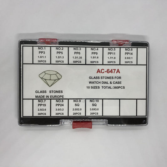 AC-647A wholesale glass stones set, 10 sizes for watch dial and case decoration, 360 pieces.