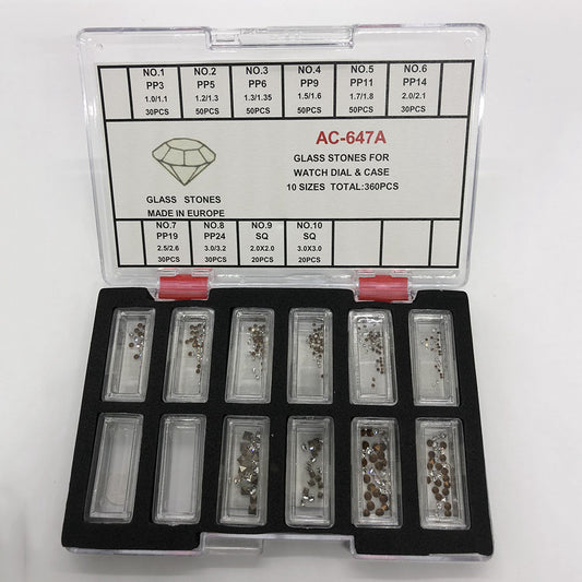 AC-647A wholesale glass stones set, 10 sizes for watch dial and case decoration, 360 pieces.
