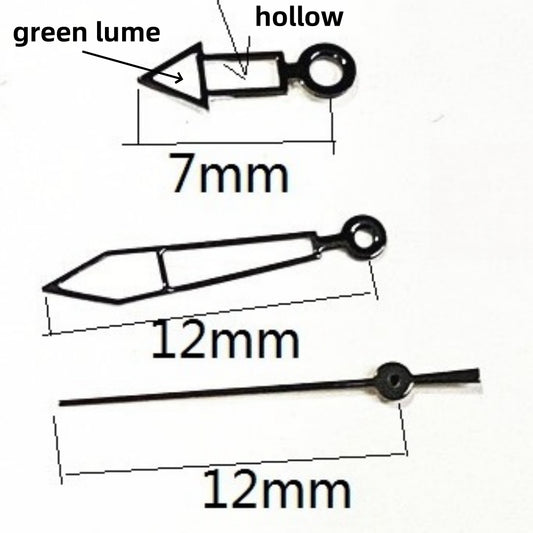 Hollow black trim lume watch hands set for Ronda 515 quartz with precise 12x12x7mm size