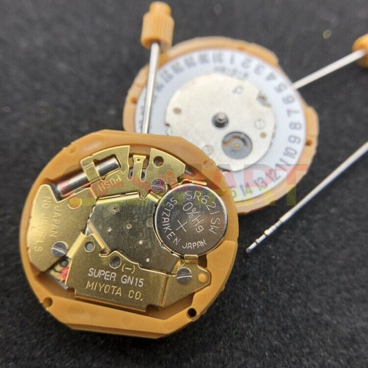 Miyota GN15 watch movement close-up showcasing precision date display at 3 and 6 o?clock.