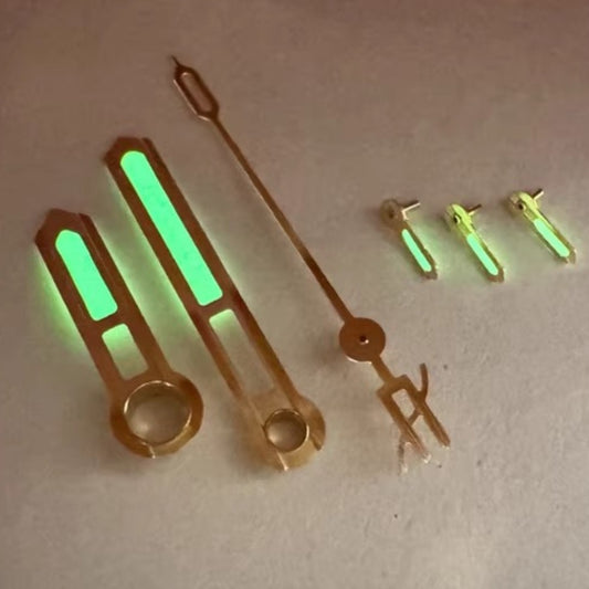 Golden trimmed green lume watch hands for Dandong 7750 movement, designed for Hublot watches.