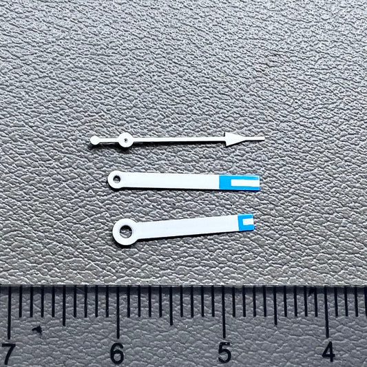 Set of blue tip white trim watch hands compatible with Miyota 2035 quartz movement, precise fit.