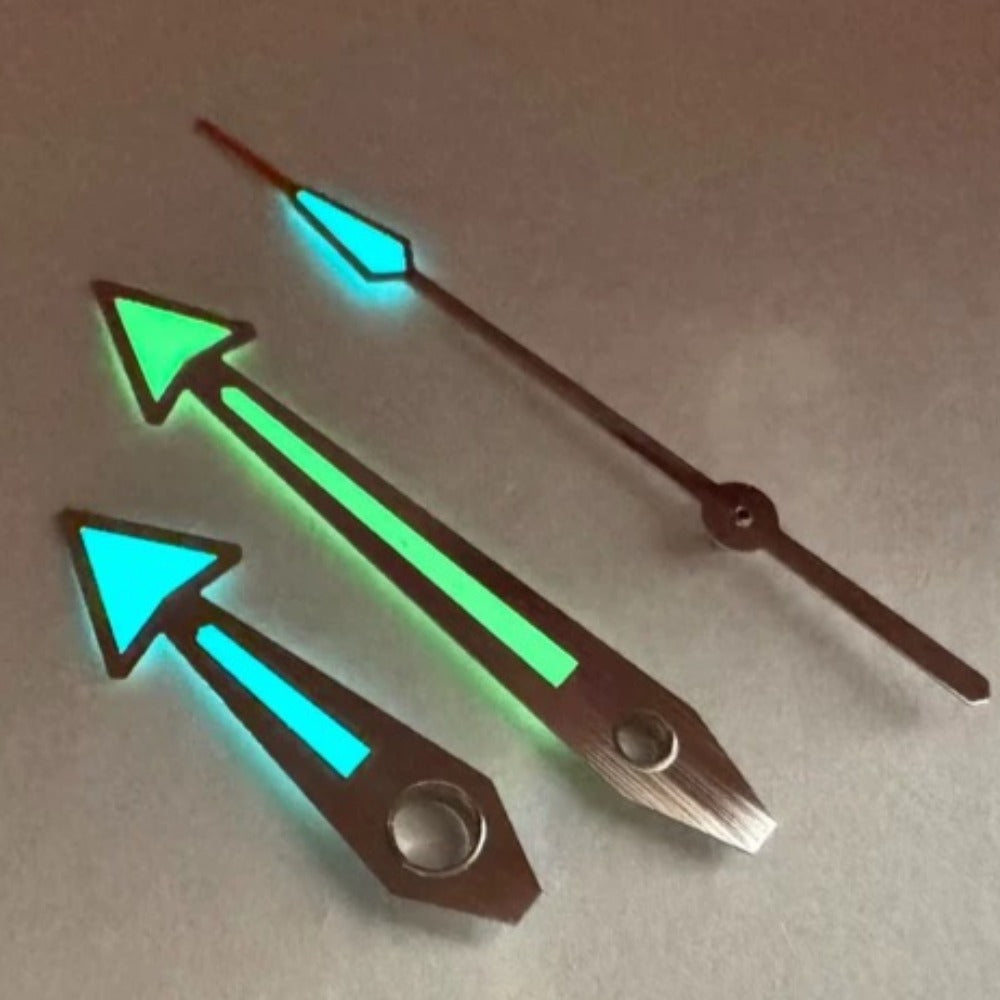 Green and blue luminescent watch hands with orange tips for Omega 600 Series ETA2824 movement by Green+Blue Lume.