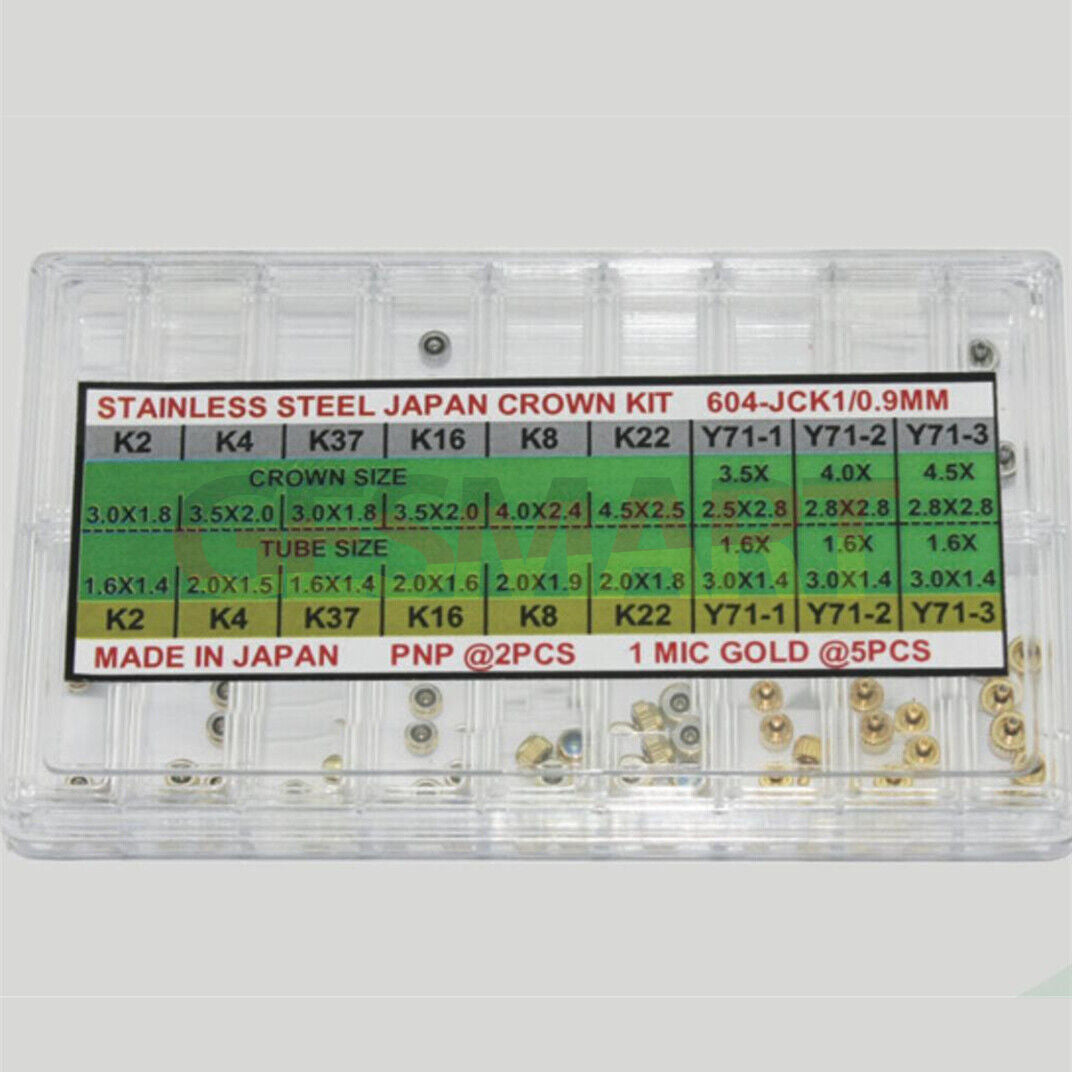 63pcs Japan stainless steel watch crowns kit in gold and silver, DIA 0.9mm for repairs and replacements