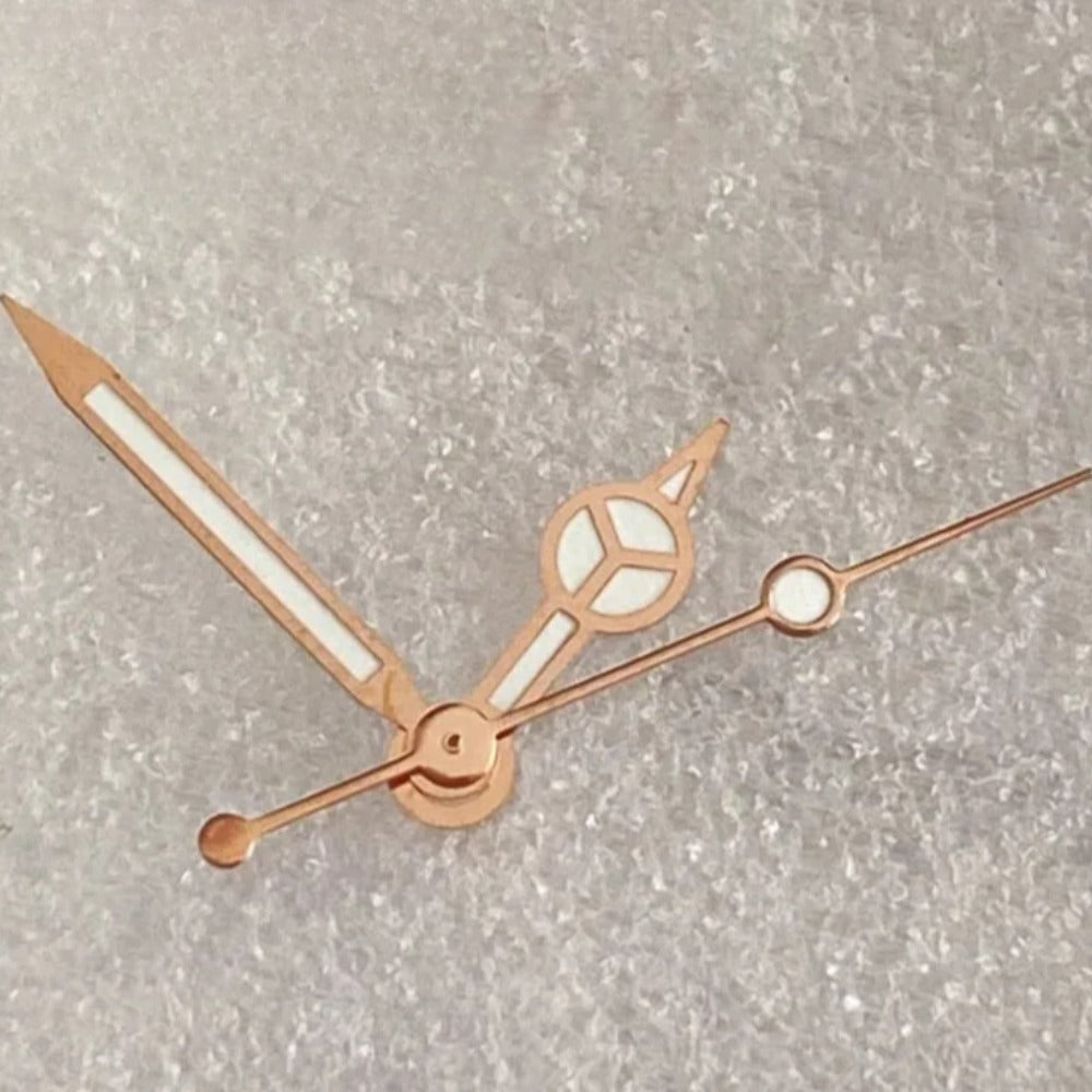 Rose Gold trimmed green lume watch hands set, compatible with NH34/NH35/NH36/NH38/NH39 movements, stylish upgrade for watch accessories.