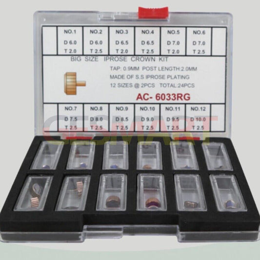 1. Stainless steel rose gold watch crowns kit with 24 large-sized parts for watch repairs.