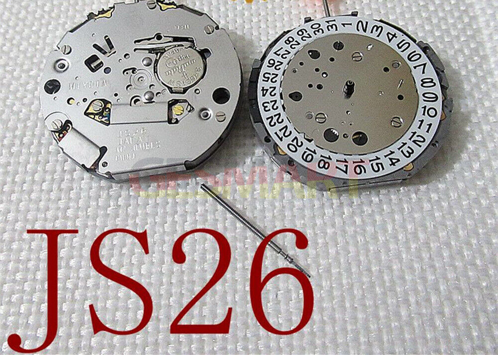 Miyota JS26 Japan Quartz watch movement with small second at 6, 9, and date display at 3, precise timekeeping.