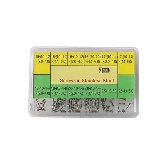 Professional assortment of 12 slotted and H-type watch screws (1.5-2.5mm) for precise watch repair by watchmakers.