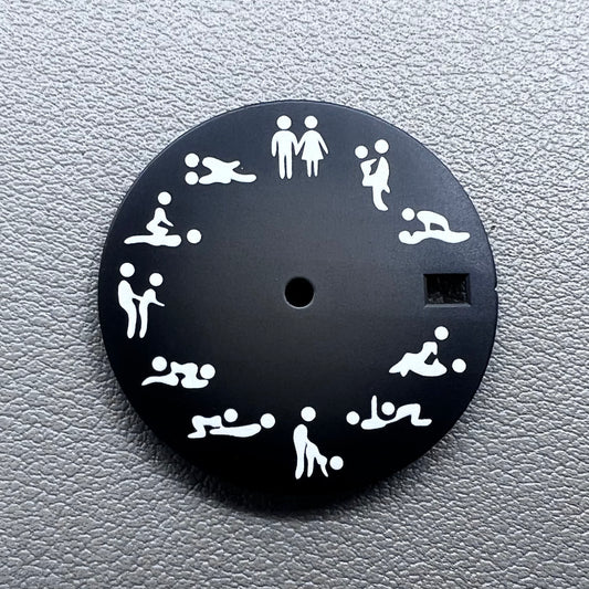 Black 28.5mm watch dial with green lume, designed for NH35 NH36 movements, perfect for adult love posture watches.