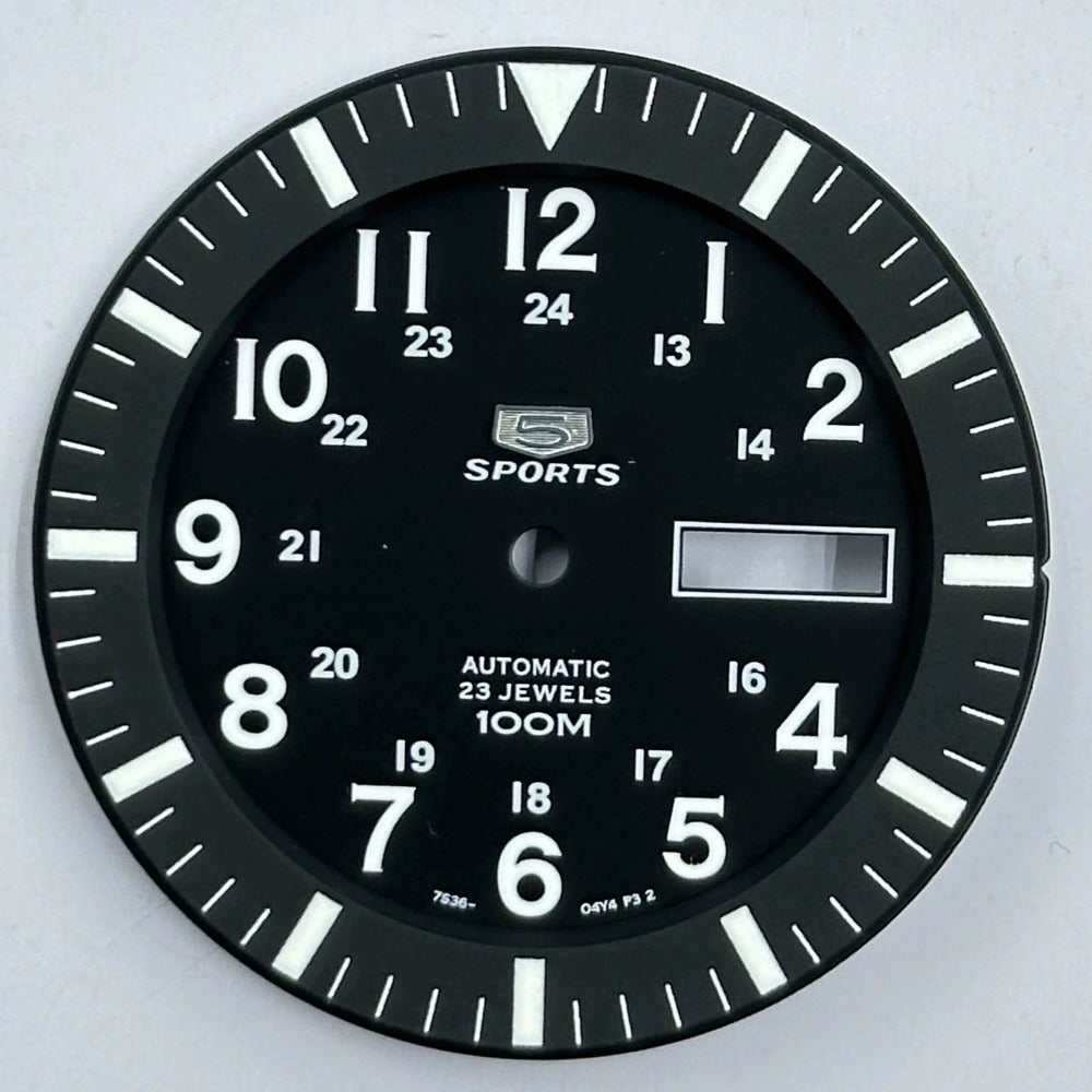 Black 35.5mm Modified Datejust watch dial with green luminous markers, compatible with NH35 NH36 movement.