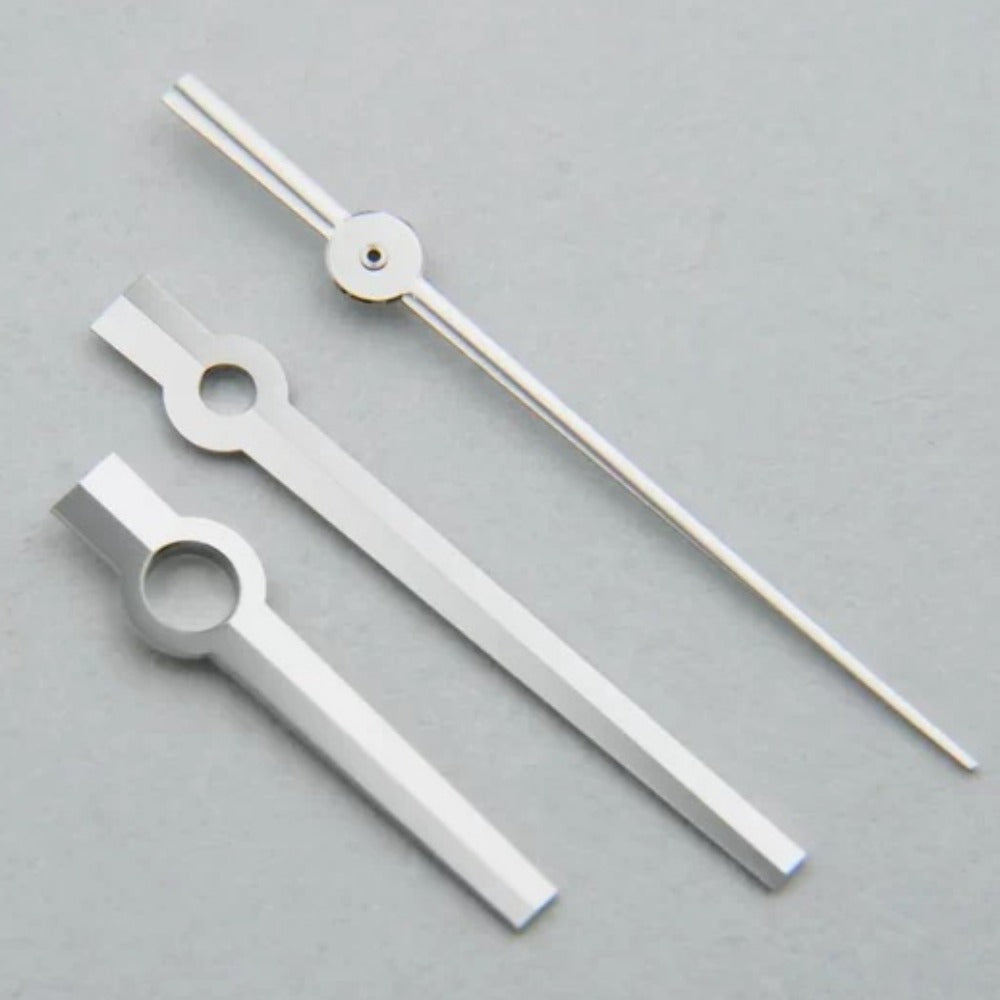 Silver watch hands compatible with ETA2824, 2836, Hangzhou 3235 movements for precise timekeeping.