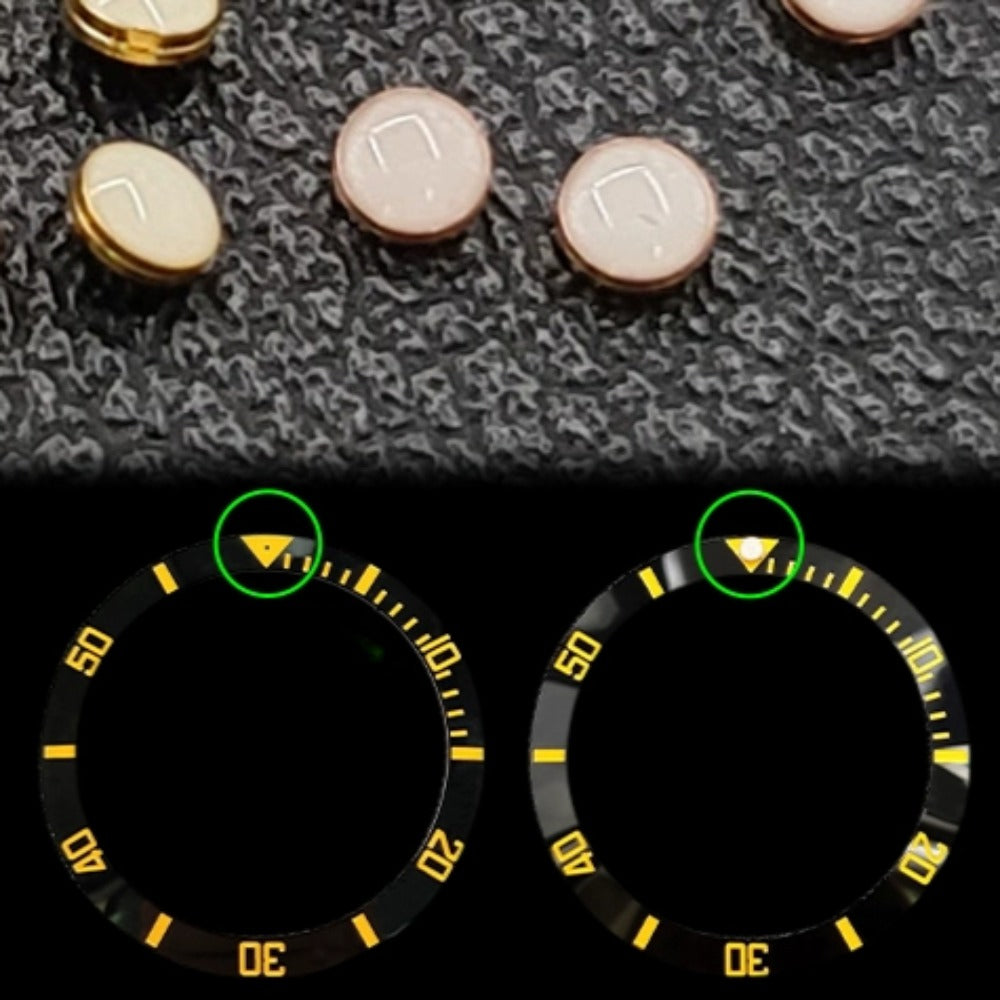 Set of 4 rose gold base green lume pips, 2.3x0.4mm, perfect for RLX Submariner bezel replacement.