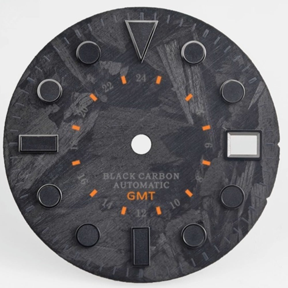 Triangle Nail Orange font GMT watch dial 28.5mm carbon fiber for NH34/35 with luminous markers.