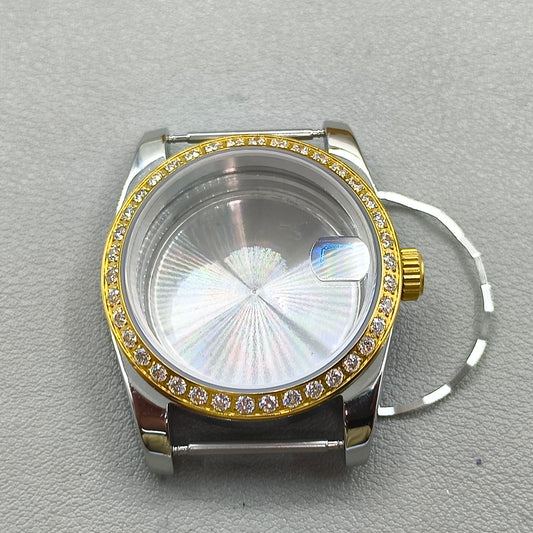 36mm Rose Gold Diamond Steel Watch Case with Magnifier for NH35/36 Sapphire Crystal