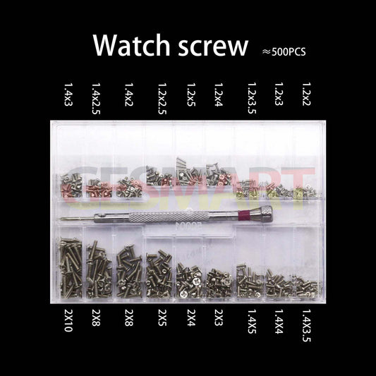 Specification screws assortment for watch repair, including jewelry fixing screws.