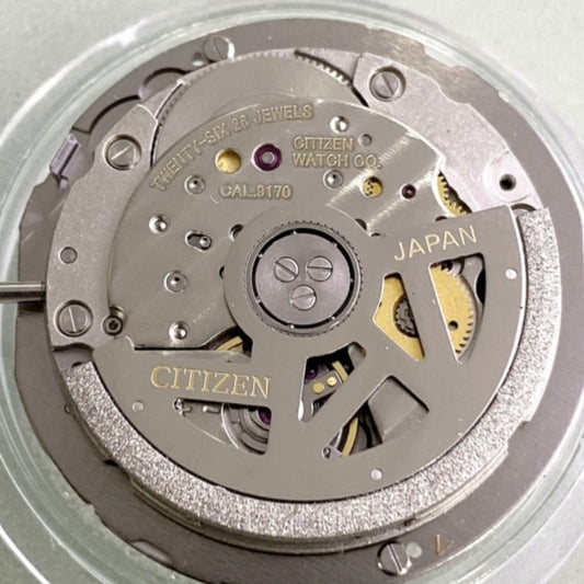 Citizen 9170 watch accessory with Japan-made mechanical movement and black disk small seconds at 3, 6, and 9 positions