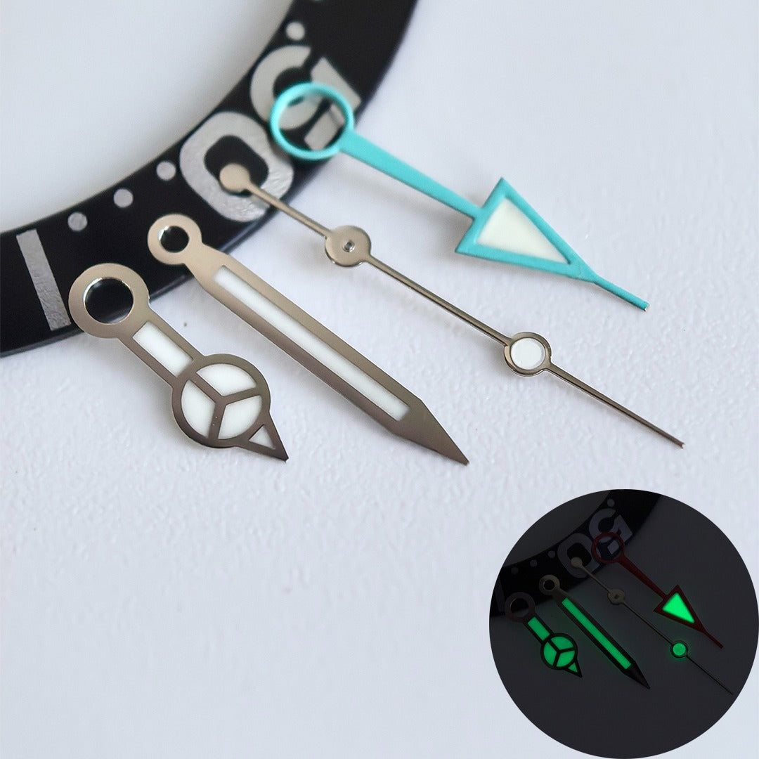 Green lume blue GMT watch hands with silver trim for NH34 movement, enhancing visibility and style.