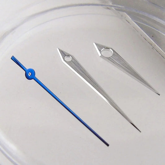 Silver polished arrow-shaped watch hands set, compatible with NH35 NH36 NH38 6309 7002 7009 movements, for precise timekeeping.