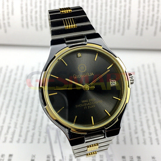 Qionghua 37mm steel manual mechanical watch with black dial and single calendar, 17 jewels.