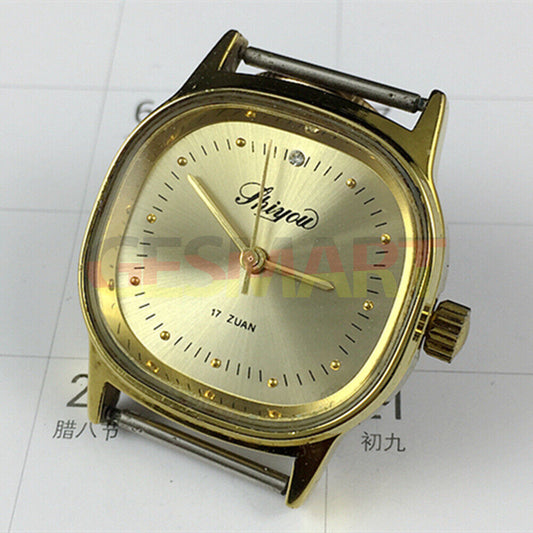 33mm China-made manual mechanical watch with 17 jewels, golden dial, and square case for elegant style.