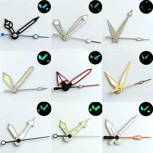 Pointer watch hands in green and blue with Super Luminous finish, compatible with NH 35 NH36 movements by Pointer.