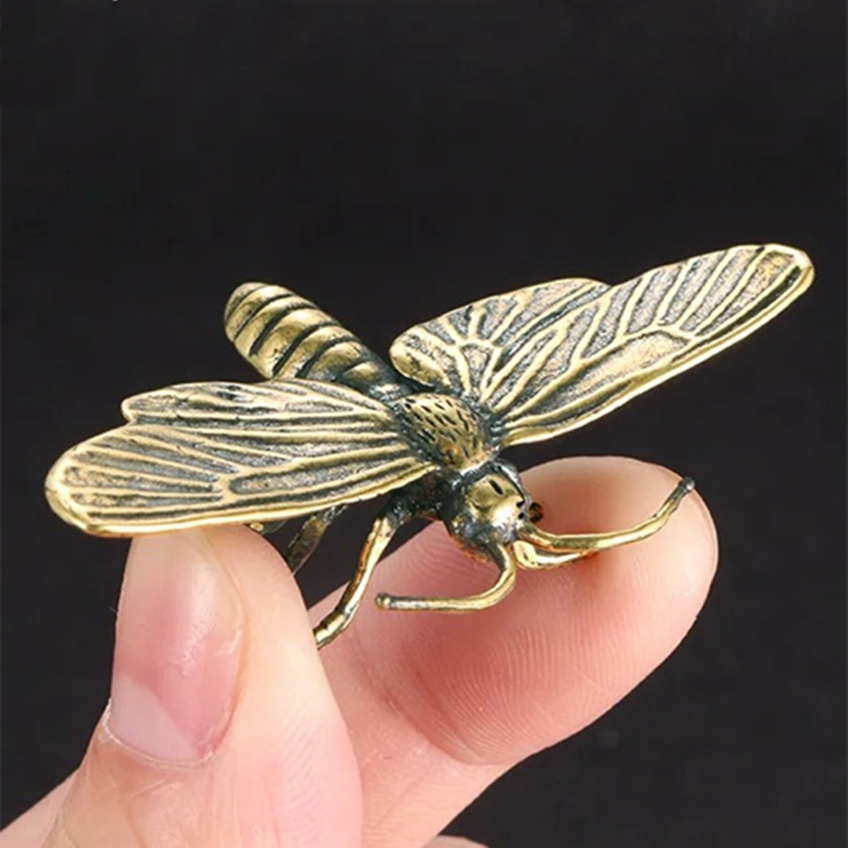 Solid copper dragonfly trinket with vintage bronze finish, hand-carved details.